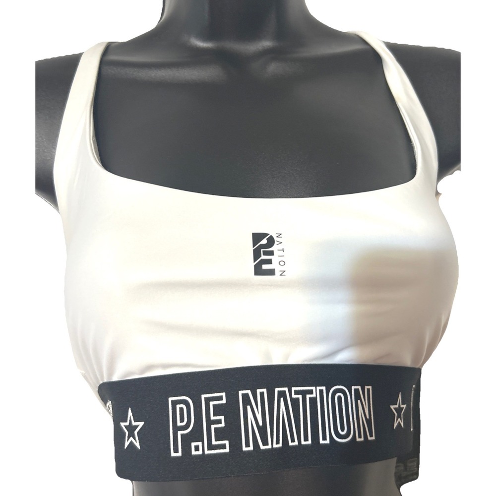 PE Nation Foundation Sports Bra White‎ Black Logo Elastic Medium Support PEC-A04
